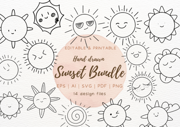 Sunset Sun SVG Bundle, Doodle Sun Design Gráfico Ilustraciones Imprimibles Por RimzStudio