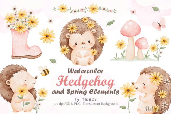 Watercolor Hedgehog and Spring Elements Graphic Illustrations By Stellaart