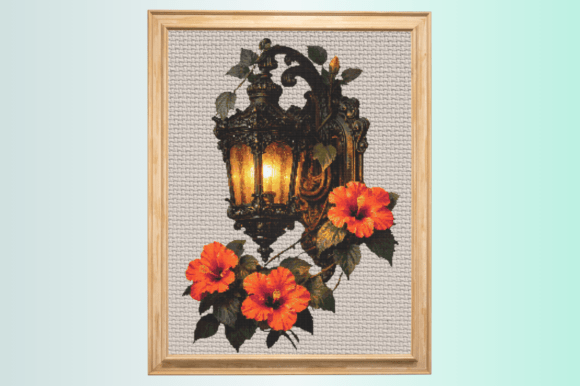 Antique Lamp Floral Cross Stitch Design