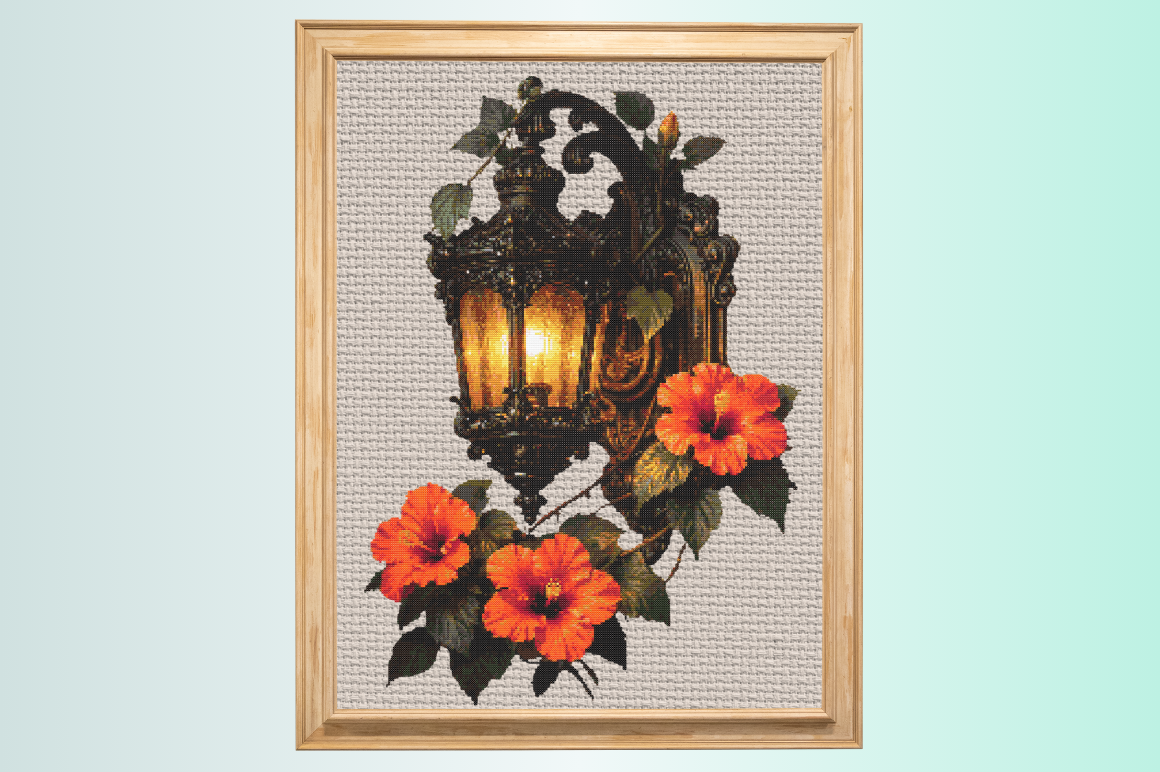 Antique Lamp Floral Cross Stitch Design