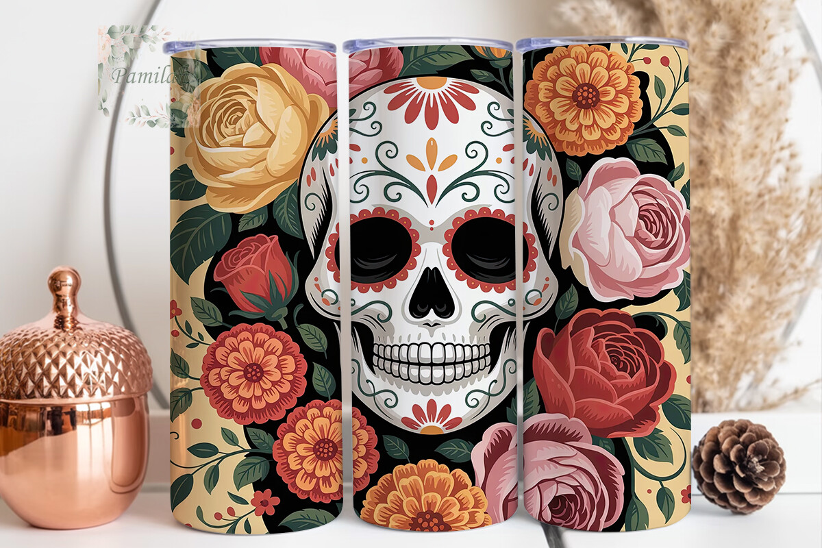 Sugar Skull Floral 20oz Tumbler Wrap Graphic by Pamilah · Creative Fabrica