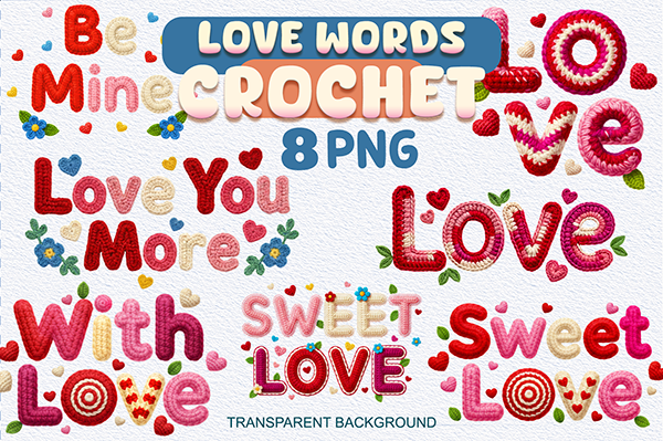 Crochet Love Valentines Day PNG Bundle