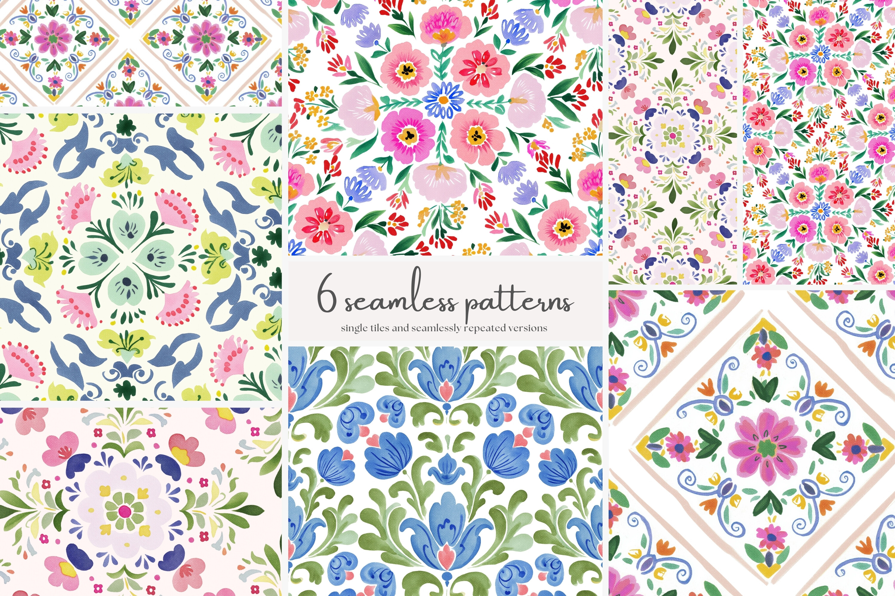 Seamless Folk Floral Pattern Set