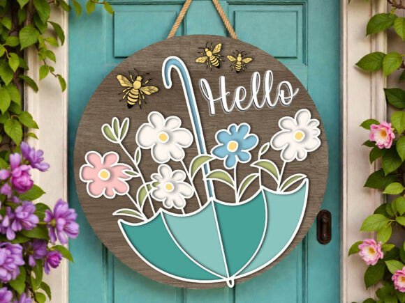 Hello Spring Umbrella Door Hanger SVG Laserschneiden Von RevolutionCraft