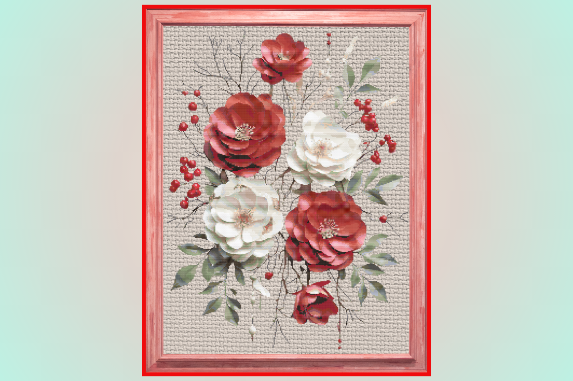 Red and White Roses Floral Cross Stitch