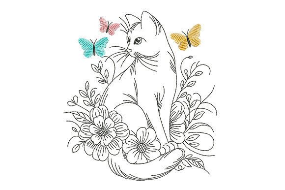 Cat Floral with Butterflies