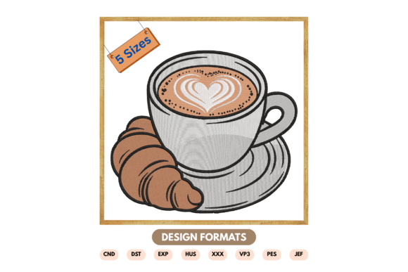 Coffee & Croissant Embroidery Design