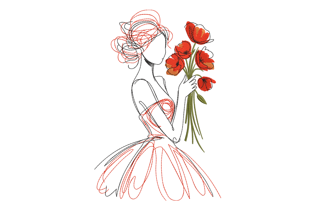 Elegant Girl with Flowers - Line Art
