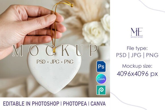Heart Ceramic Ornament Mockup PSD PNG, V