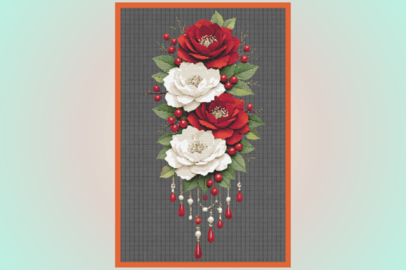 Red & White Rose Floral Cross Stitch Pat