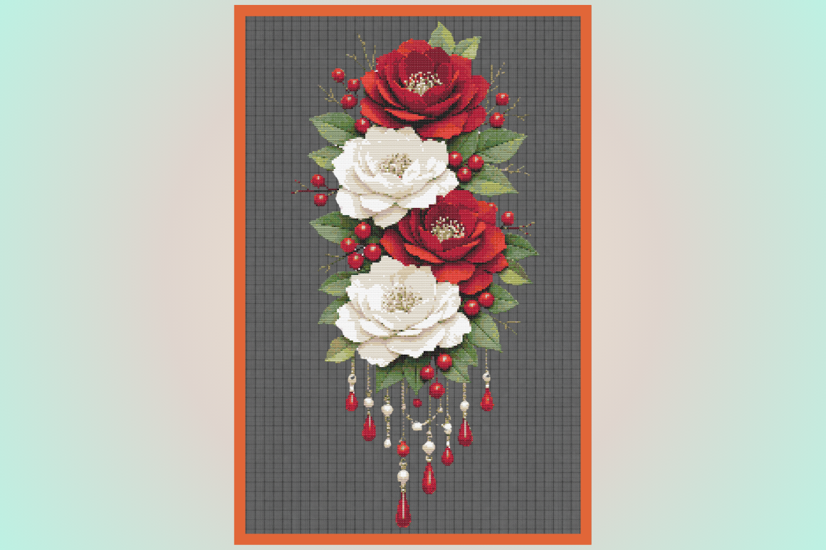 Red & White Rose Floral Cross Stitch Pat