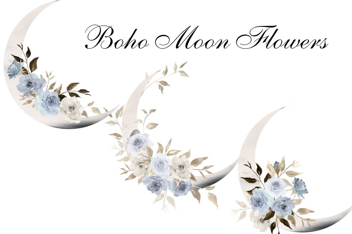 Watercolor Blue Floral Crescent Moon PNG