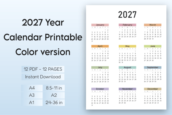 2027 Year Calendar Printable – Color V