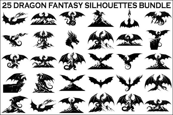 25 Dragon Fantasy Silhouettes Bundle Gráfico Ilustraciones Imprimibles Por Graphic Divine