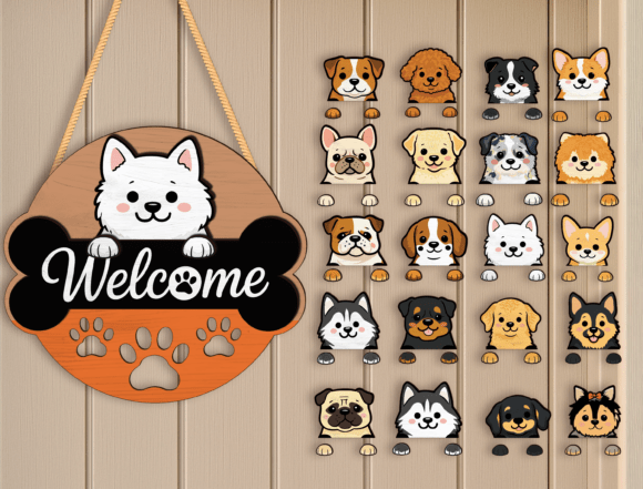 Custom dog peeking welcome door sign laser cut file for Glowforge crafters