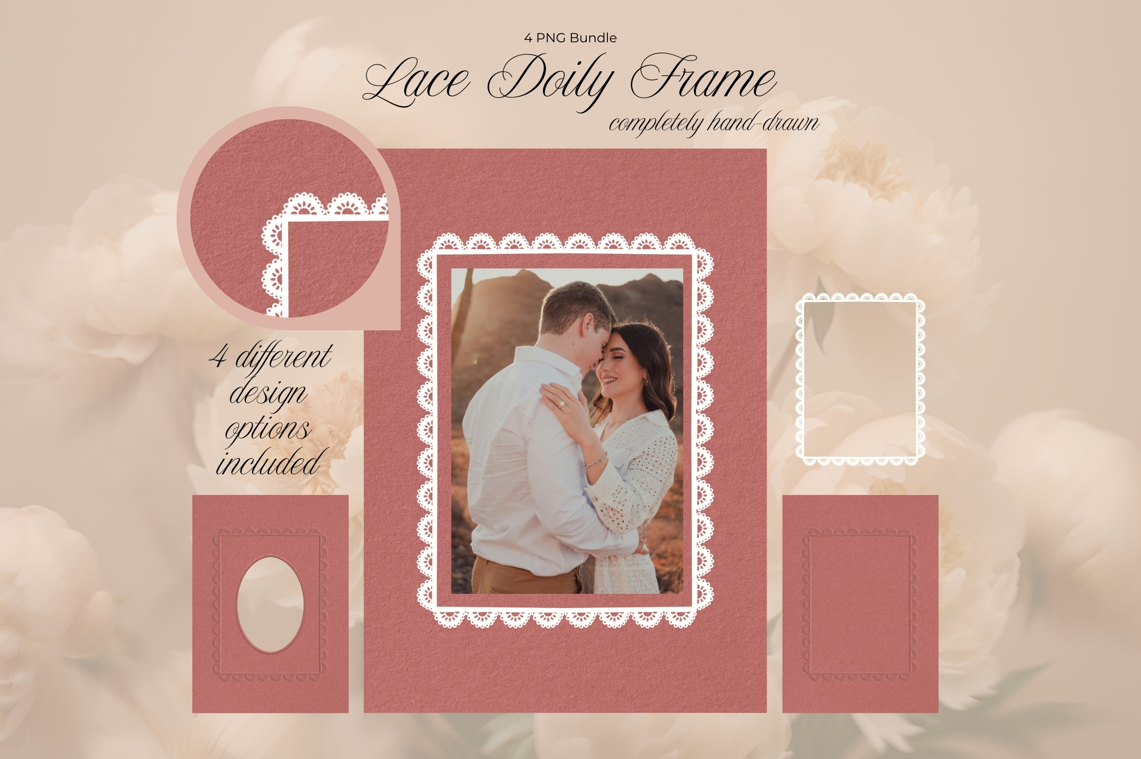 Lace Doily Frame Set - Handdrawn 4 Items
