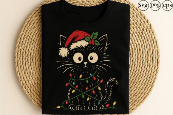 Cute Christmas Cat with Lights Santa Grafik Weihnachten Von uchava