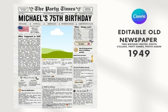EDITABLE 1949 Birthday Vintage Newspaper