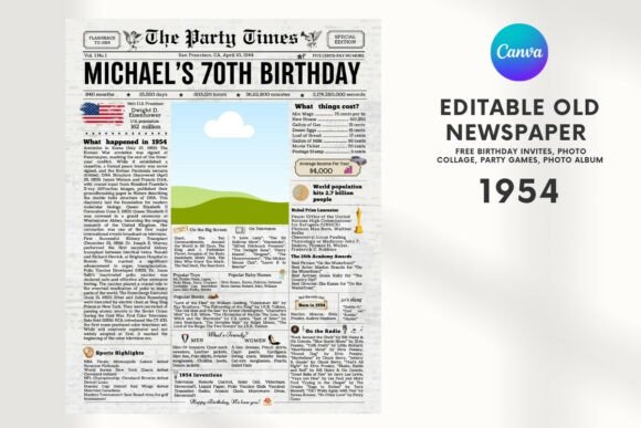 EDITABLE 70th Birthday Vintage Newspaper Template