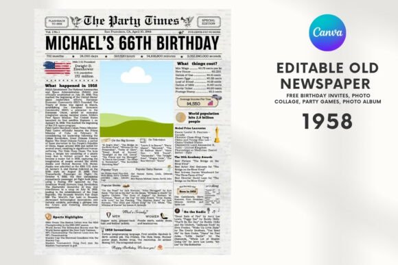 EDITABLE 1958 Birthday Vintage Newspaper