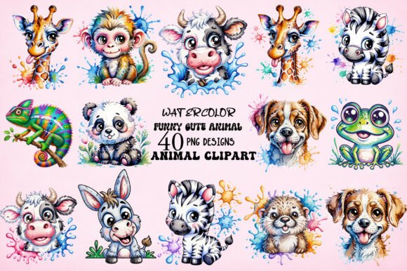 Preview of Watercolor Funny Cute Animal PNG Bundle T-shirt, sticker, and sublimation design