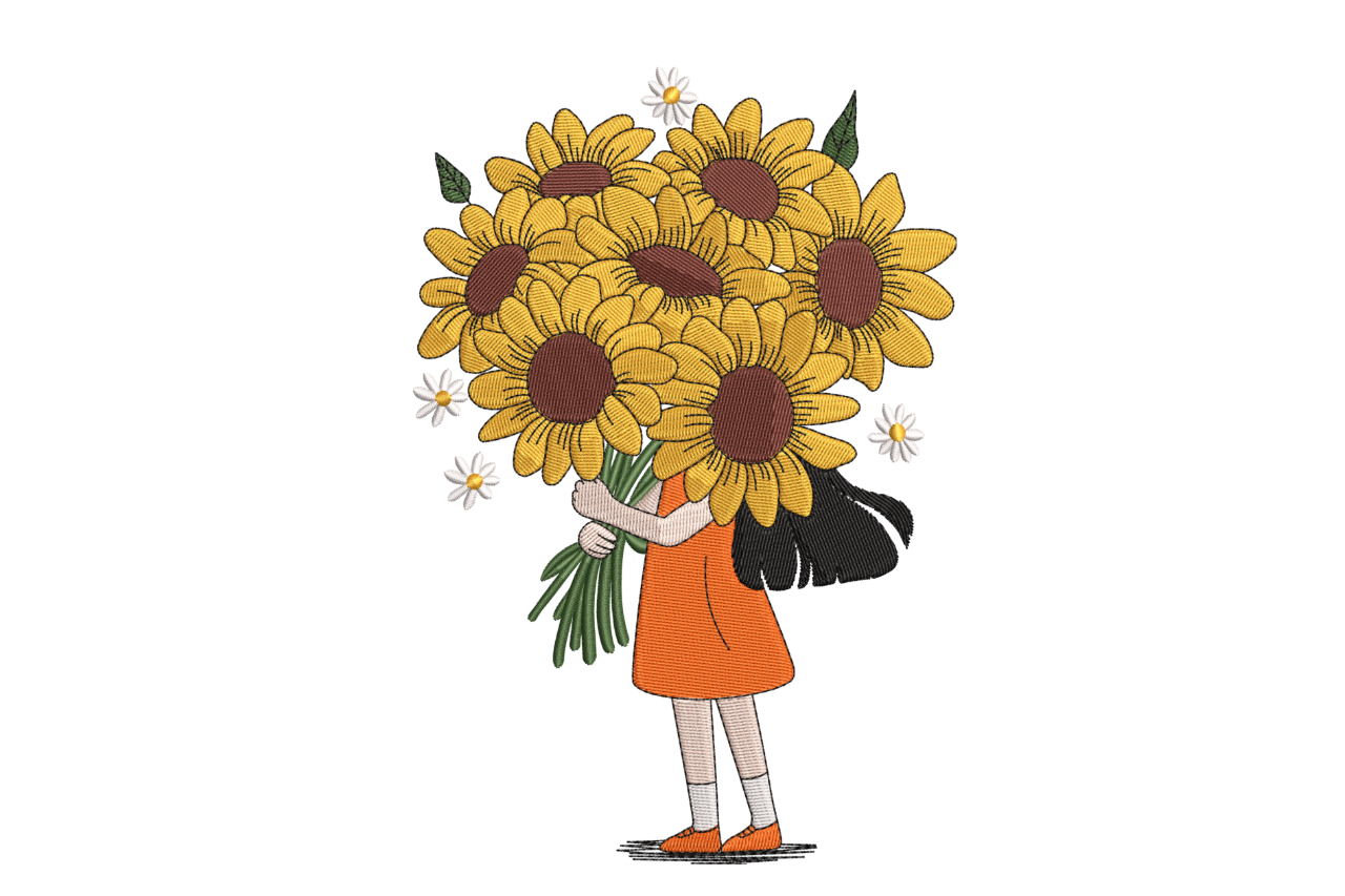 Girl with Sunflower Bouquet