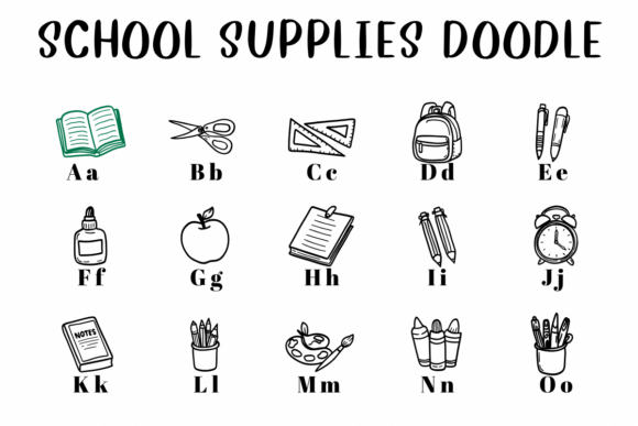 School Supplies Doodle Font PNG with transparent background - Preview 1
