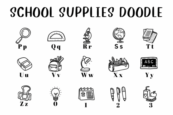 School Supplies Doodle Font PNG with transparent background - Preview 2
