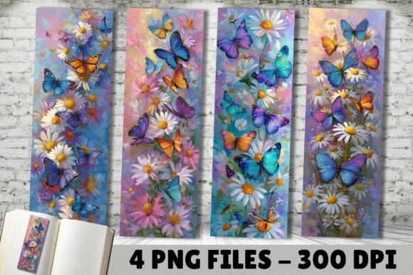 Watercolor Daisy Butterfly Bookmarks PNG
