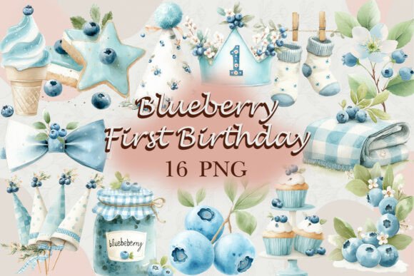 Blueberry First Birthday Watercolor PNG