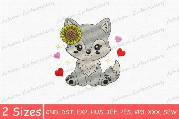 Adorable Wolf with Sunflower and Hearts