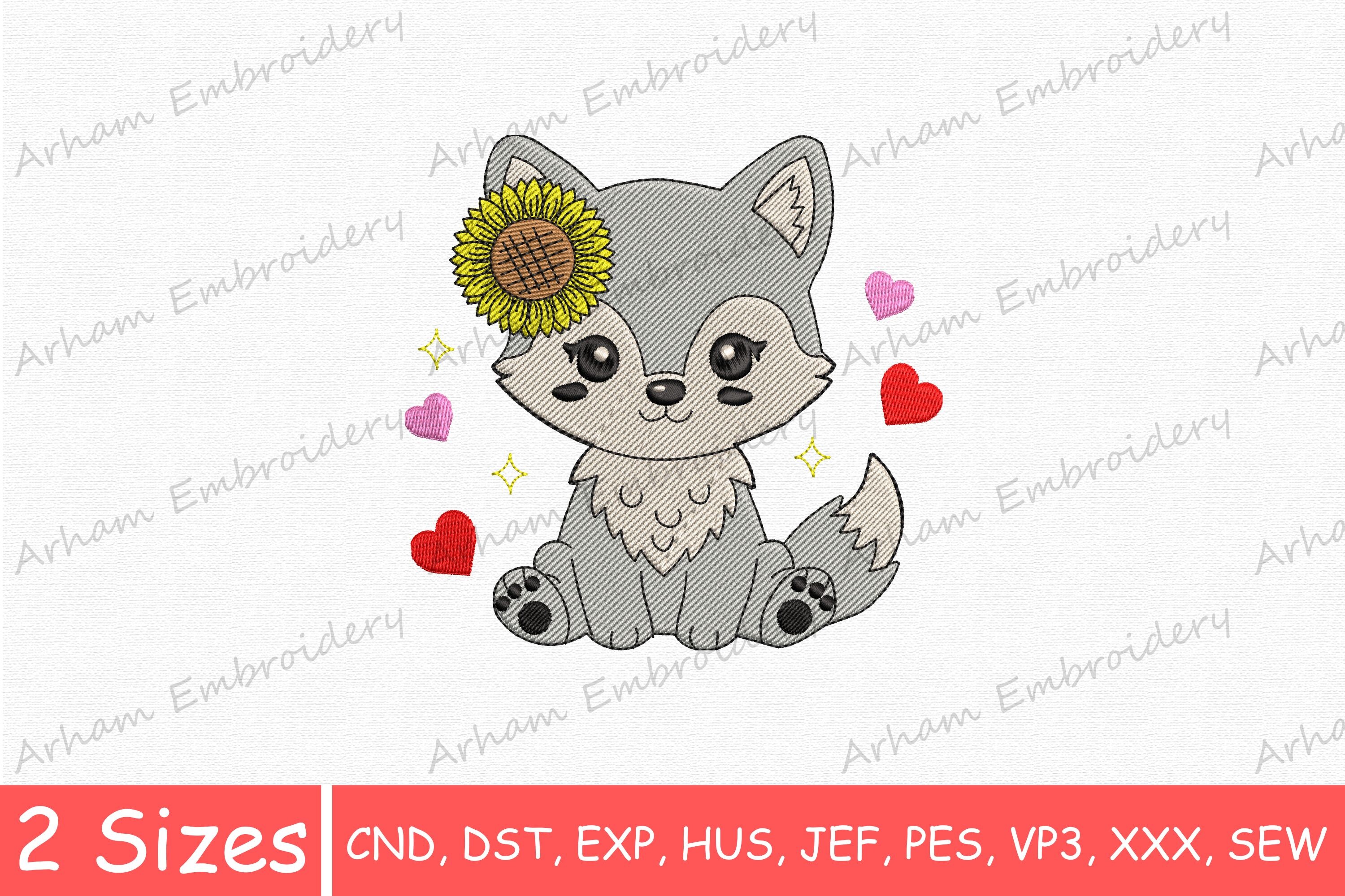 Adorable Wolf with Sunflower and Hearts