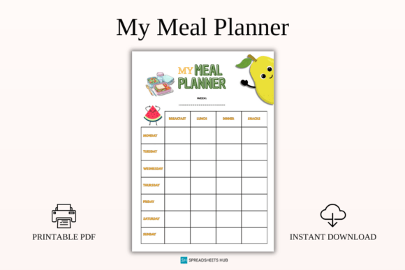 Kids Weekly Meal Planner Printable PDF