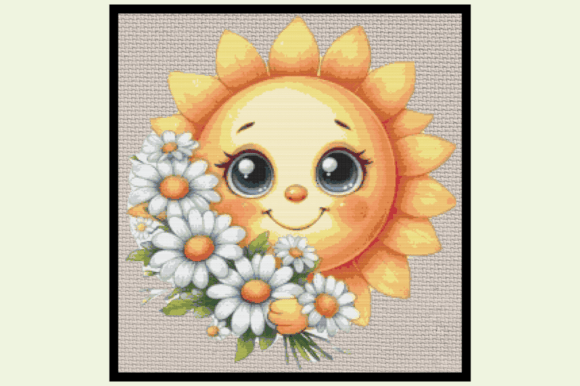 Smiling Sun with Daisies – Cute Kawaii P