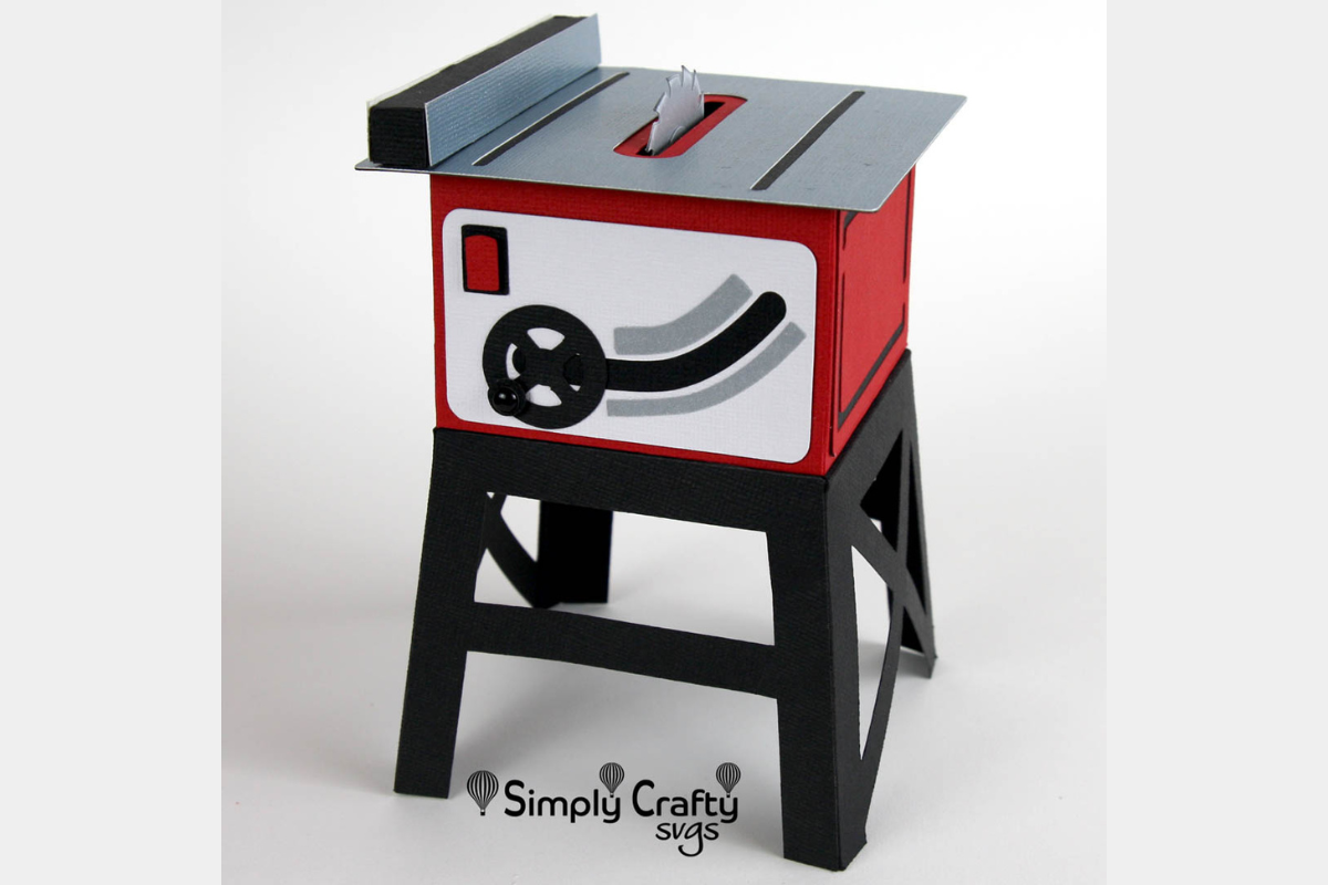 Table Saw Box SVG shaped like a classic workshop power tool with a lift up lid