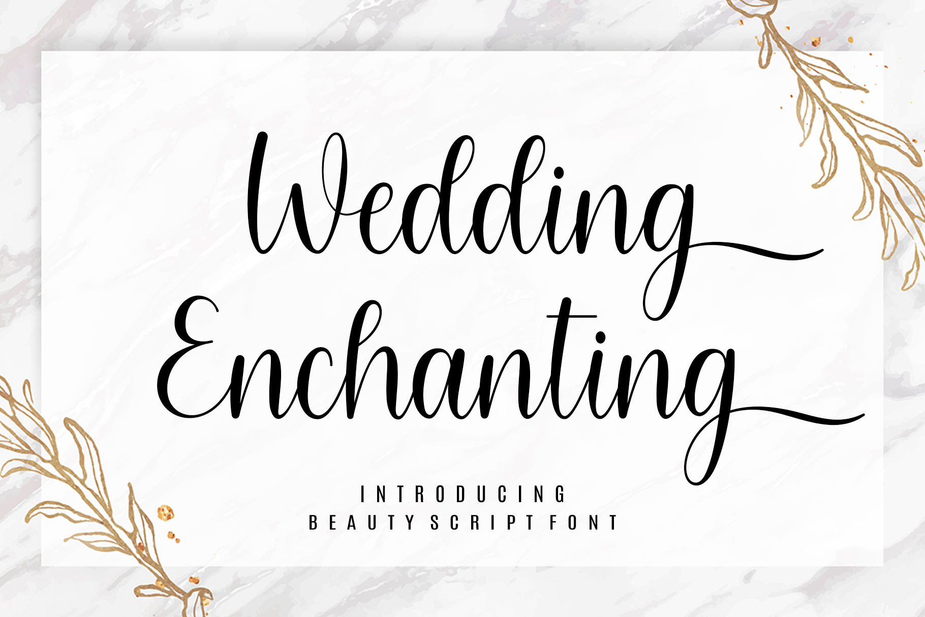 Wedding Enchanting script font preview on a light marble background