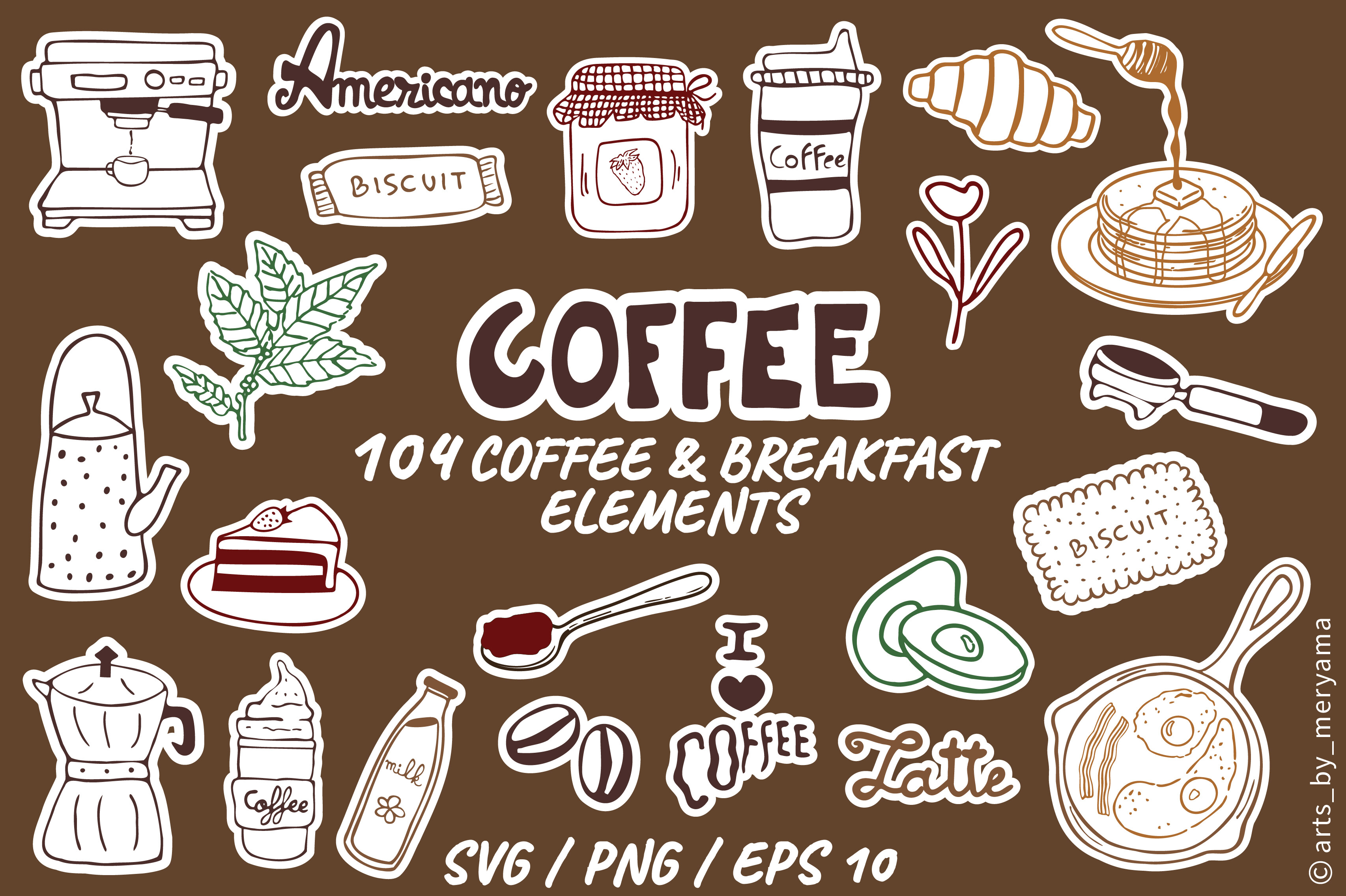 104 Coffee and Breakfast Stickers Bundle SVG file