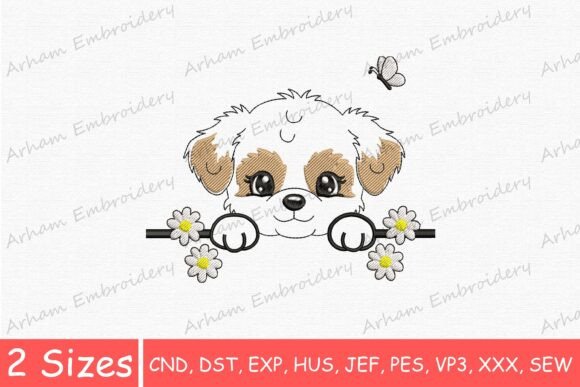 Peeking Cute Puppy with Flowers