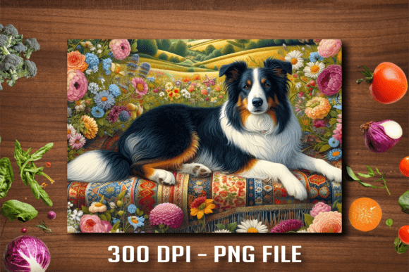 border collie flower cutting board PNG sublimation design with floral wreath