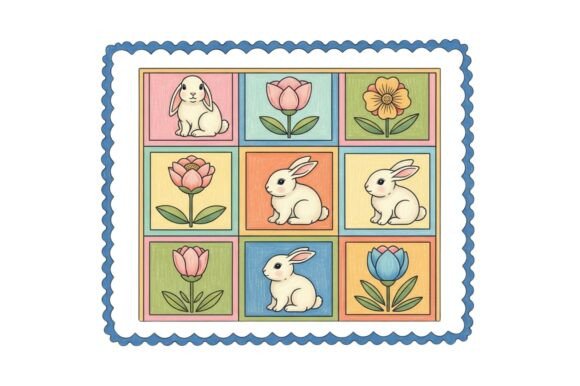 Colorful Embroidered Square with Bunnies