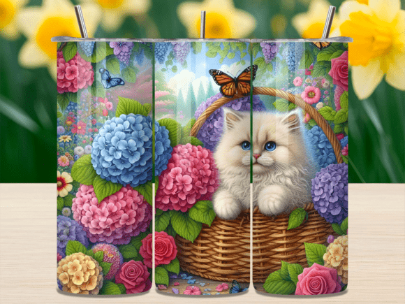 Floral Basket White Kitten Tumbler Wrap for sublimation tumblers and cat gifts