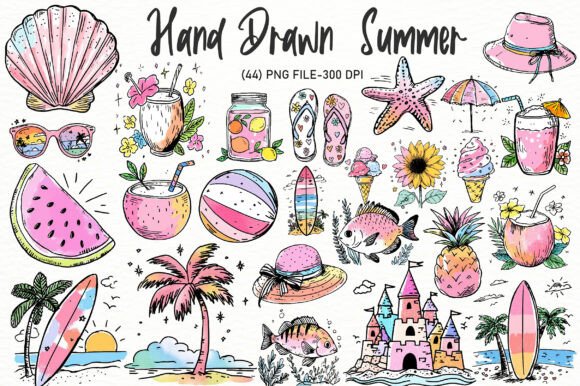 hand drawn summer clipart with organic sketch style, casual aesthetic seasonal illustrations