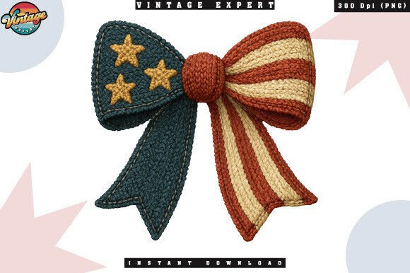 Red White Blue Bow Crochet Yarn Faux PNG