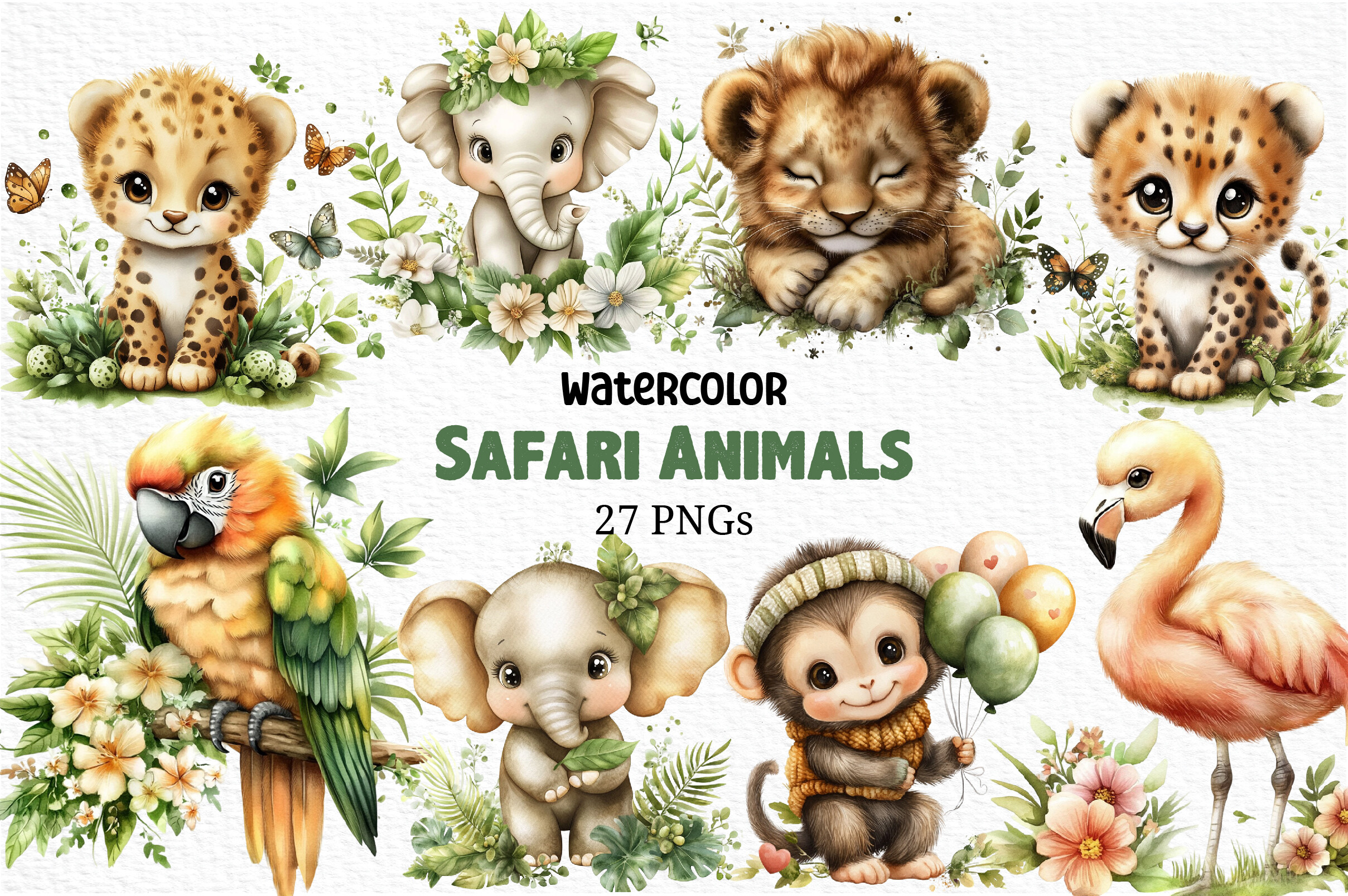 Watercolor - Safari Animals Png
