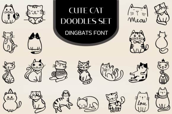 Cute Cat Doodles Set Dingbats Font By Heartcraft Atelier