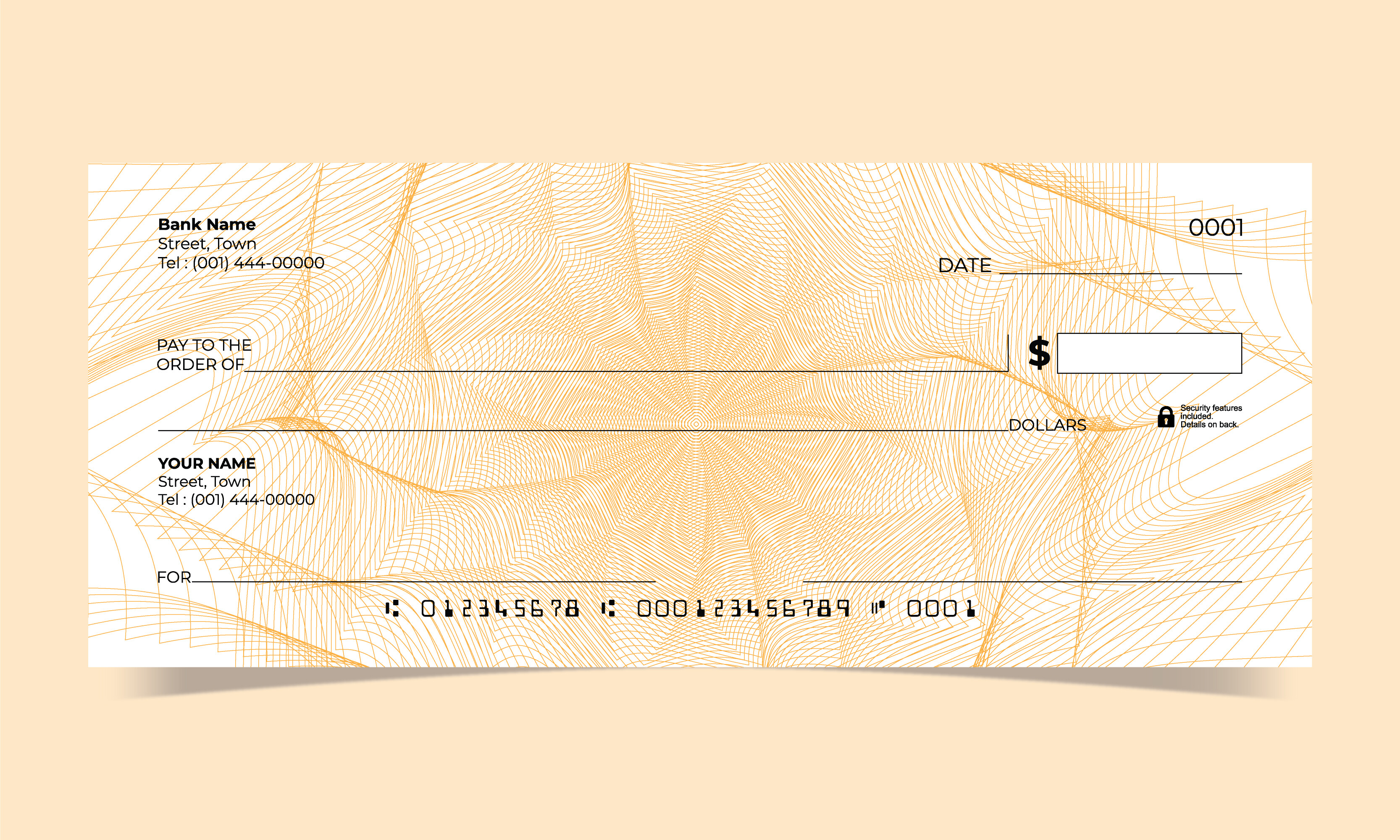 Orange Bank Check Vector Template