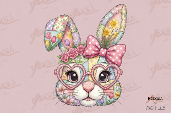Patchwork Floral Easter Bunny Face PNG