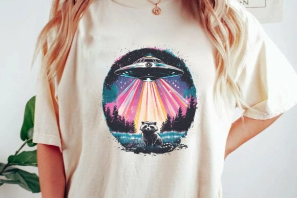 Retro Raccoon UFO Abduction Synthwave Aesthetic Cosmic Alien Png
