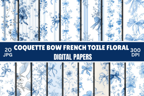 Blue Toile Digital Paper, Coquette Bow
