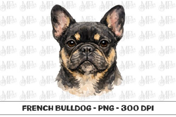 Detailed French Bulldog watercolor portrait PNG editable for blue lilac and merle coats